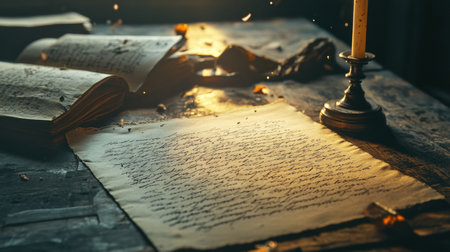 Flickering candlelight illuminates aged manuscripts scattered across a wooden table, evoking a sense of curiosity and reflection in the cozy study.の素材