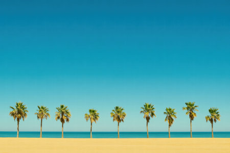 Tall palm trees create a serene atmosphere on a sandy beach with vibrant blue water, enjoying a beautiful sunny day by the ocean.の素材