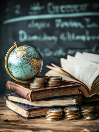 An arrangement of vintage books and a globe next to piles of coins on a wooden table, with educational material visible in the background.の素材