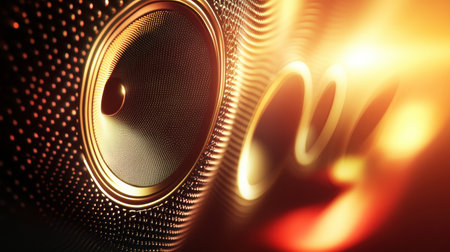 Modern 3D speakers radiate colorful light waves, enhancing sound quality and creating an engaging atmosphere in a contemporary space.の素材