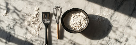 Baking tools including a whiskey and spatula sit beside a bowl of flour on a marble surface, illuminated by warm sunlight.の素材