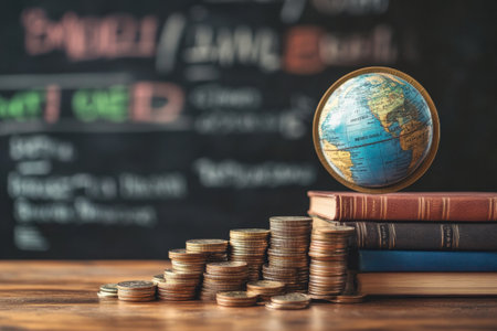 Globe placed atop books beside piles of coins showcases a blend of education and finance in a study setting during daytime.の素材