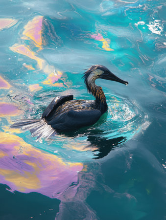 An oil spill spreads across the ocean, creating a rainbow sheen, as a seabird strains to stay above water, highlighting the environmental impact.の素材