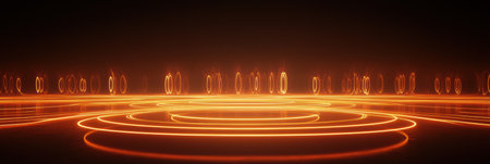 Vibrant orange concentric circles illuminate a dark environment, creating an enchanting and futuristic atmosphere that captivates viewers.の素材