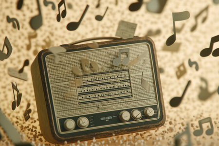 A vintage radio stands out surrounded by floating musical notes, capturing the essence of nostalgia and the joy of music in a cheerful atmosphere.の素材