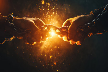 In a captivating moment, two hands strain against shackles, pulling apart with intensity as a brilliant glow illuminates the surrounding darkness.の素材