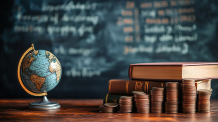 A globe and stacks of books sit beside coins, highlighting the connection between geography and finance in a learning environment.の素材