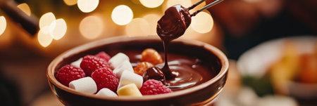Friends enjoy dipping fresh raspberries, marshmallows, and nuts into warm chocolate fondue at a festive gathering, creating sweet memories.の素材