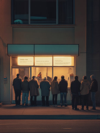 A group of individuals stands outside a cozy eatery, eagerly awaiting food as warm light spills onto the street on a cool evening.の素材