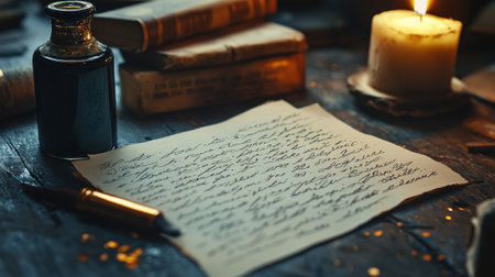 A beautifully crafted letter written in cursive rests on a wooden surface, illuminated by a flickering candle.の素材