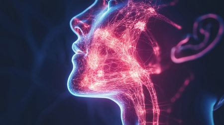 A vivid illustration features a profile of a face with glowing neural connections, showcasing emotions and digital artistry in a dark background.の素材