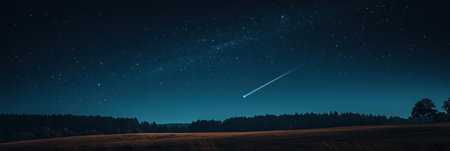 A bright meteor streaks across the dark night sky filled with stars, illuminating a peaceful landscape with trees and open fields.の素材