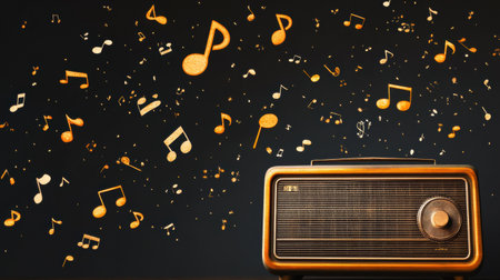 A vintage radio sits prominently with musical notes playfully scattered around it, illustrating a joyful connection to music and nostalgia.の素材
