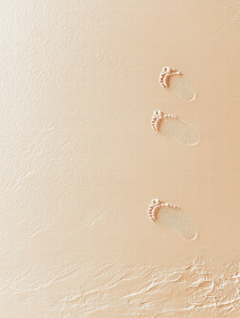 Footprints marked in soft, golden sand lead away towards the ocean under a clear blue sky, creating a peaceful seaside atmosphere.の素材