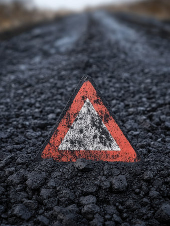 A triangular warning sign rests on a deserted road, surrounded by a foggy atmosphere, signaling caution to passing vehicles.の素材