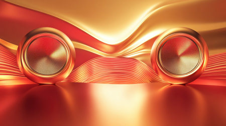 Two 3D speakers radiate colorful light waves in an abstract environment, enhancing the auditory sensation of sound in a unique way.の素材
