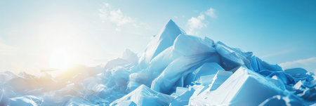 Mountainous piles of plastic waste sit in a landfill as the sun rises, creating a somber reminder of environmental impact and pollution.の素材