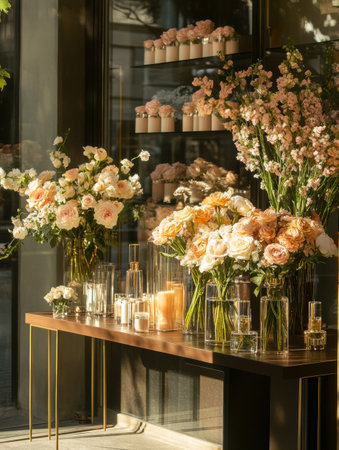 Fresh flowers in elegant vases fill a boutique corner, reflecting soft sunlight with candles creating a warm atmosphere.の素材