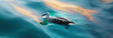 Oil spill creates a rainbow sheen on the ocean surface as a seabird struggles to stay afloat amidst environmental disaster.の素材