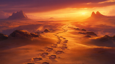 Footprints mark a sandy trail as the sun sets over a vibrant desert landscape, casting warm hues across the sky and mountains.の素材