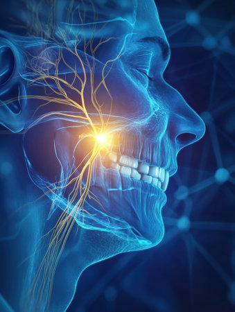 Nerve pathways and facial structures are highlighted around the human jaw, demonstrating neural activity in a detailed anatomical view.の素材