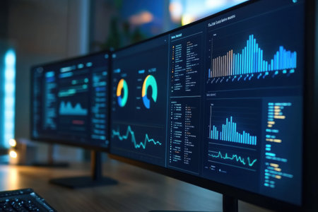 Multiple computer monitors showcase various data visualizations in a modern office during evening hours, highlighting analytical insights.の素材