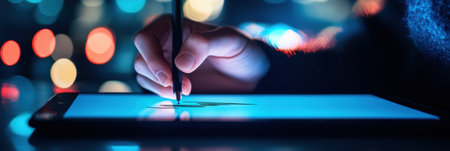 Creative individual focuses on creating digital art on a tablet with a stylus in a vibrant, illuminated environment during nighttime.の素材