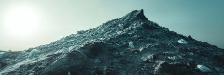 Burgeoning mountain of plastic waste looms in a landfill, illustrating the environmental impact of consumerism against a muted sky.の素材