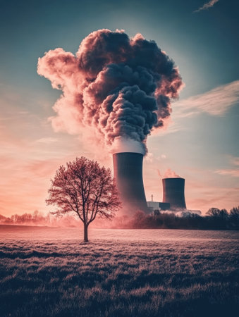 A vibrant sunset illuminates a landscape where cooling towers release dense smoke into the atmosphere while a solitary tree stands nearby.の素材
