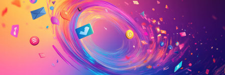 A vibrant swirl of social media icons emerges from a colorful background, illustrating the dynamic nature of online interaction and connectivity.の素材