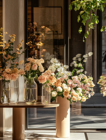 Bright and inviting shop displays an array of fresh flowers in elegant vases, highlighting a cozy atmosphere filled with color and light.の素材
