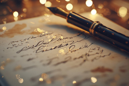 A beautiful fountain pen lies atop a carefully penned letter, illuminated by soft, sparkling lights in a cozy atmosphere.の素材