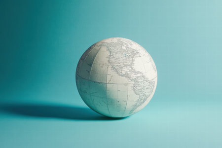A globe showcasing the Americas on a clean turquoise background highlights geographical features and world exploration.の素材
