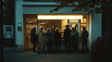 Individuals gather in a line outside a shop, illuminated by warm lights, creating a cozy atmosphere during the evening.の素材
