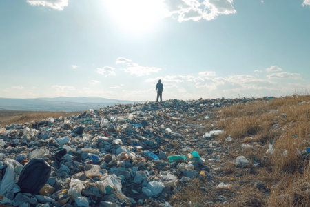 Plastic waste piles high at a landfill with a person standing on top, emphasizing the scale of pollution under a bright sky.の素材