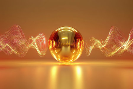 Vibrant light waves radiate from 3D speakers, creating an enchanting atmosphere filled with sound and color.の素材