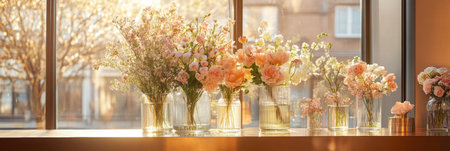 Vases filled with colorful flowers create a warm atmosphere, illuminated by soft golden light streaming through large windows.の素材