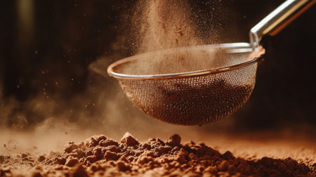 A metal strainer sifts fine cocoa powder, creating a cloud of dust in warm kitchen light, perfect for baking delicious treats.の素材