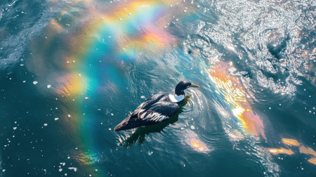 An oil spill creates a rainbow sheen on the ocean while a seabird fights to stay above water, displaying the environmental impact.の素材