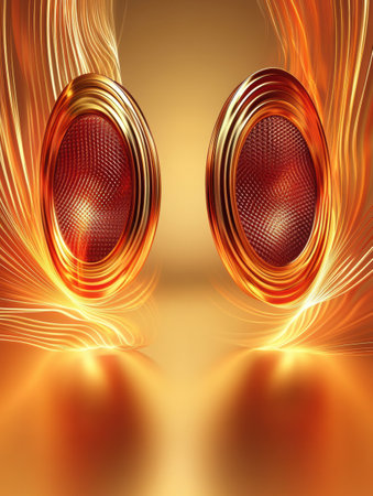 Two 3D speakers radiate colorful light waves, filling a contemporary space with energy and vibrancy, showcasing innovation in sound design.の素材