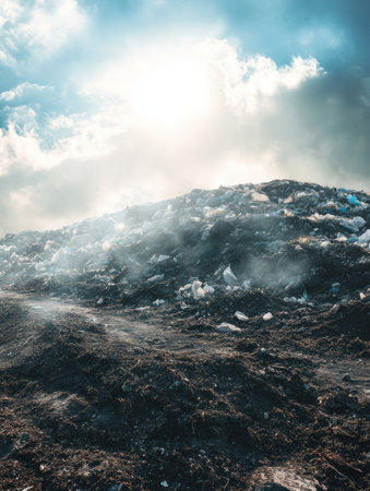 A vast accumulation of plastic waste dominates the landfill, with clouds passing overhead, highlighting the environmental impact of pollution.の素材