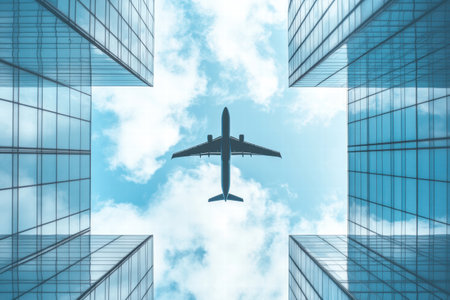 An airplane soars high above, framed by modern glass skyscrapers and a clear blue sky, showing urban life and travel.の素材