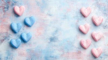 Soft pastel heart shapes in blue and pink are artfully placed on a textured background, creating a charming decoration for any occasion.の素材