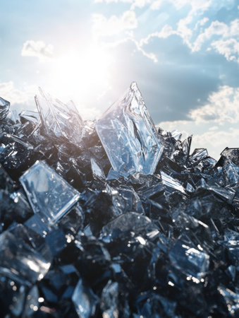 Plastic waste forms a massive mountain at a landfill, illuminated by sunlight with a blue sky above, encouraging responsible waste management.の素材