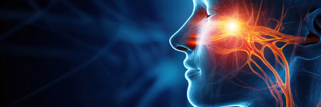 A detailed visualization of neural pathways illustrated in vibrant colors, showing connections within the human brain and face.の素材