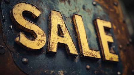 Bright yellow sale sign stands out against a rustic metal background, attracting attention during daylight in an outdoor shopping area.の素材
