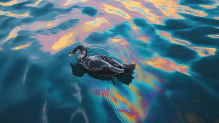 A seabird battles to remain above water amidst an oil spill reflecting a rainbow sheen on the ocean surface in daylight.の素材