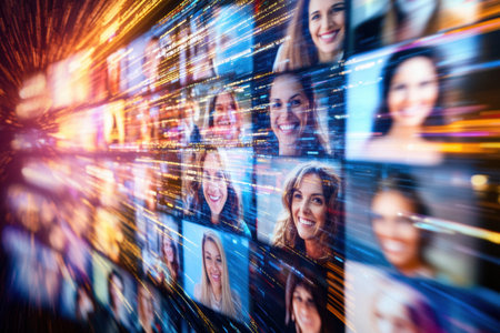 A lively virtual gathering showcases a diverse group of smiling individuals on a laptop screen, creating a sense of connection and joy.の素材