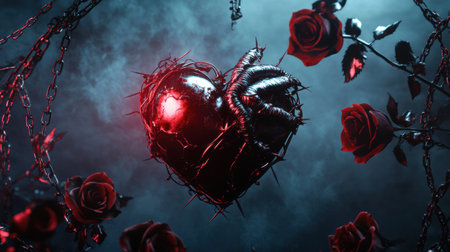A striking heart with metallic features is encased in thorns, suspended among dark red roses and chains, conveying a sense of intensity and drama.の素材