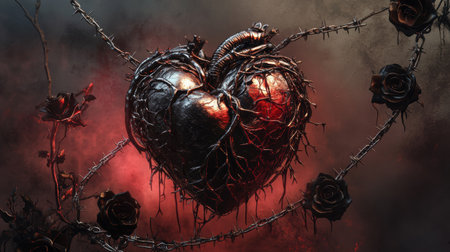 A twisted heart encased in thorns and entwined with dark roses, set against a moody backdrop emanating a gothic vibe.の素材